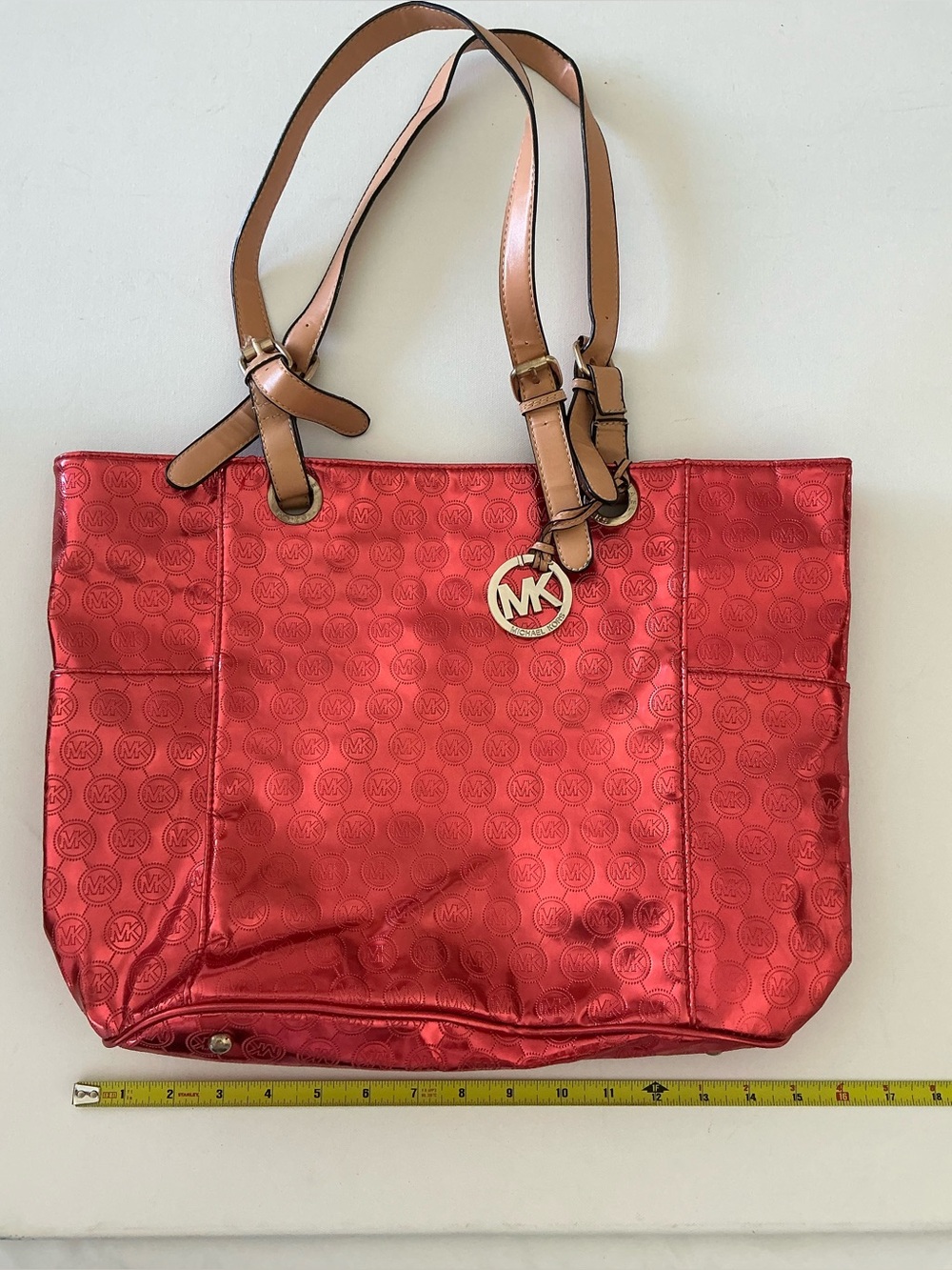 Michael Kors Jet Set Tote Coral Red Metallic MK Logo Large Shoulder Bag - Picture 9 of 12